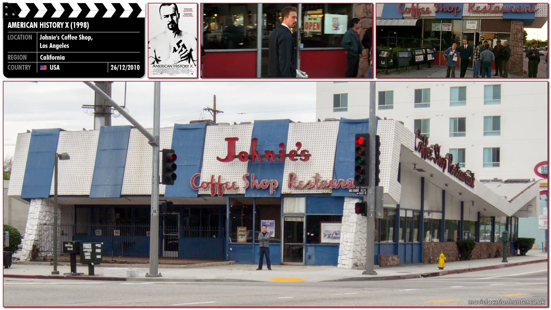 Filming location photo, shot in USA, for American History X (1998). Scene description: Derek (Edward Norton) walks Danny (Edward Furlong) to school before his meeting, and on their way they stop at a Café. There, they meet up with Dr. Sweeney (Avery Brooks) and Captain Rasmussen (Joe Cortese). They tell Derek that Cameron (Stacy Keach) and Seth (Ethan Suplee) were found last night after being jumped and they are now in the hospital. Dr. Sweeney and Rasmussen both ask Derek if he knows anything about it and he swears he doesn't. Derek tells them that he has somewhere to go and that he's going to walk Danny to school before he goes. They set off on their way.