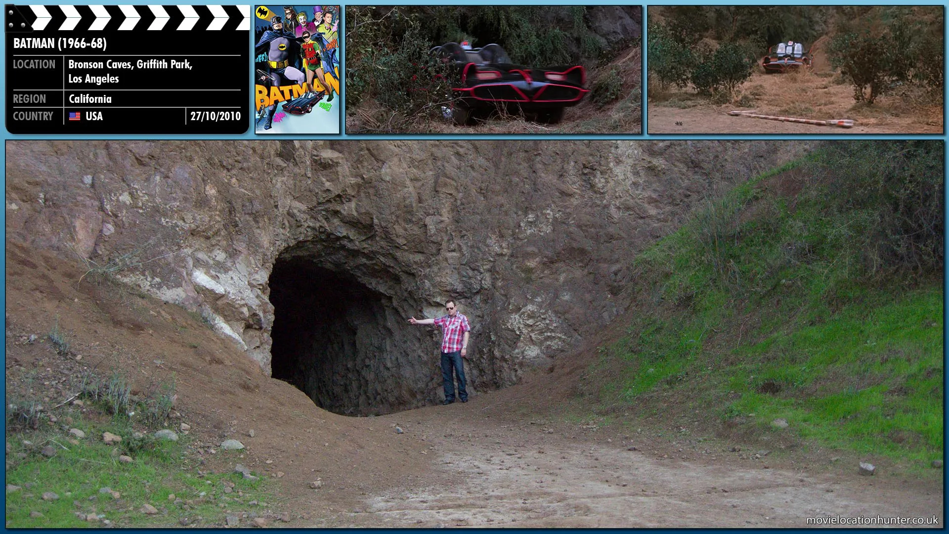 Filming location photo, shot in USA, for Batman (1966). Scene description: Bronson Cave which was used as the entrance/exit for the batmobile in the original Batman TV Series and movie starring Adam West and Burt Ward.