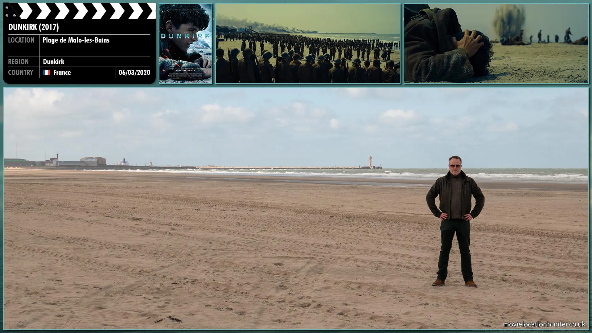 Filming location photo, shot in France, for Dunkirk (2017). Scene description: Tommy (Fionn Whitehead) runs onto the longest, widest beach he’s ever seen, sunlight dazzling off the water, endless dark fences snaking across the sand and out into the water. Tommy squints - not fences, lines of men, hundreds of thousands of men...