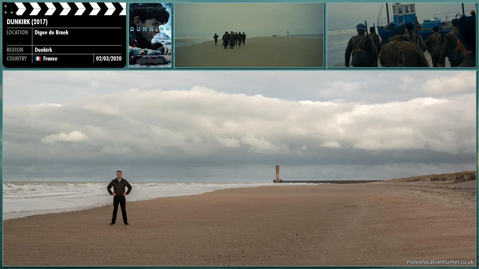 Filming location photo, shot in France, for Dunkirk (2017). Scene description: The highlanders, now joined by Tommy (Fionn Whitehead), Gibson (Aneurin Barnard) and Alex (Harry Styles), head towards a listing fishing trawler a mile up the beach.