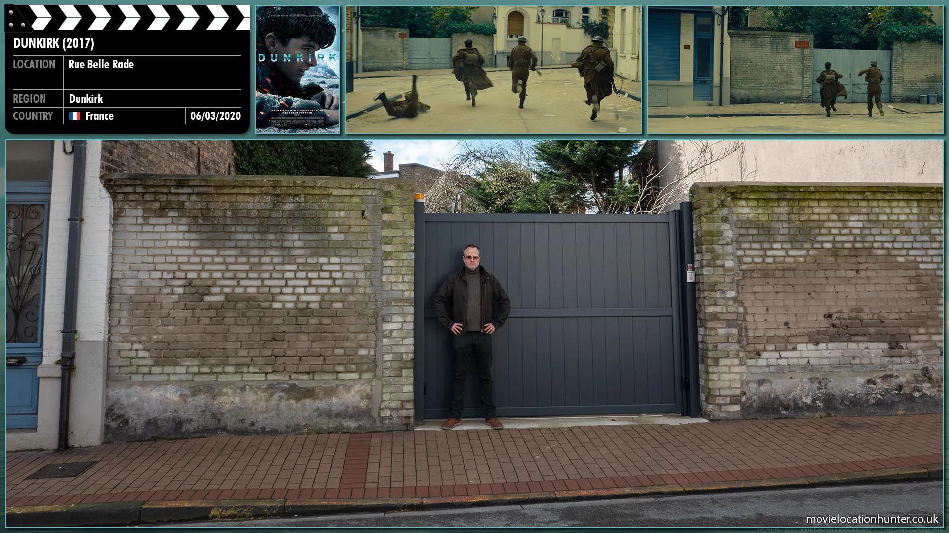 Filming location photo, shot in France, for Dunkirk (2017). Scene description: BLAM BLAM BLAM! Gunfire fills the streets and all six race back along the street towards a wooden gate twenty yards away. One by one, five are shot down. The survivor, Tommy (Fionn Whitehead) climbs the fence and throws himself over just as gunfire bursts through the gate.