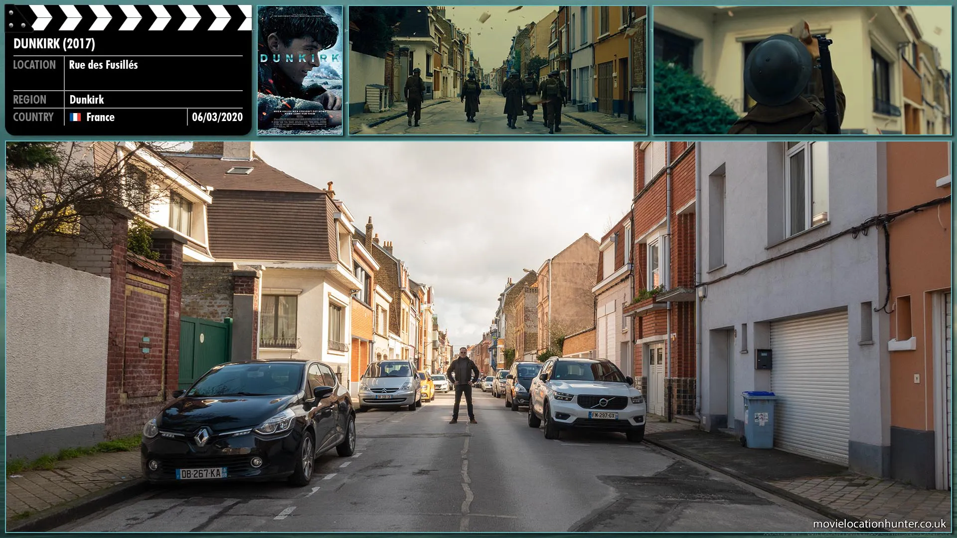 Filming location photo, shot in France, for Dunkirk (2017). Scene description: Paper falls like snow as six young Tommy's stroll along a deserted street checking rubbish bins and windows.