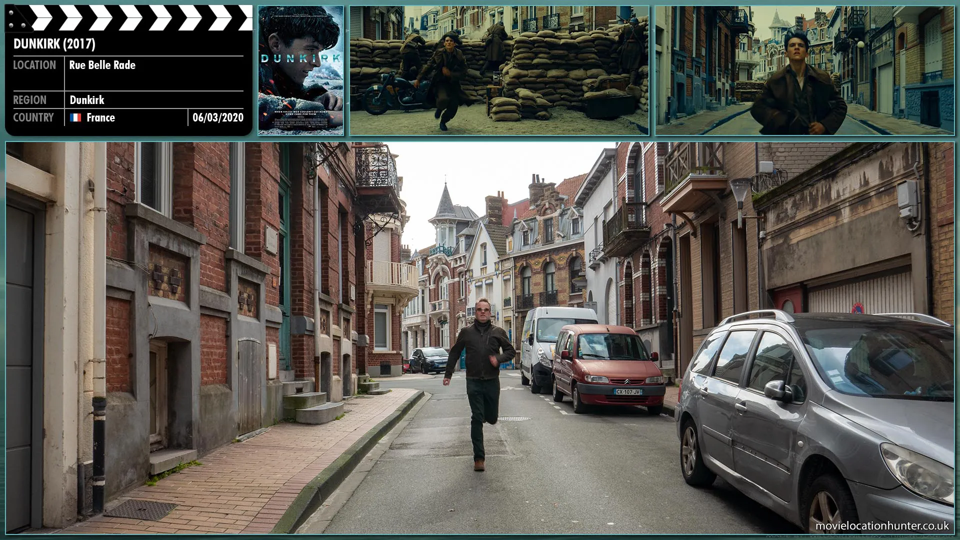 Filming location photo, shot in France, for Dunkirk (2017). Scene description: The street ahead is barricaded and manned by French troops.  They beckon Tommy (Fionn Whitehead) to come to them and he scrambles over their sandbag barricade.  They French soldiers look at him with contempt before bullets fly around them hitting the sandbags.  Tommy takes off again and sprints as fast as he can towards the beach.