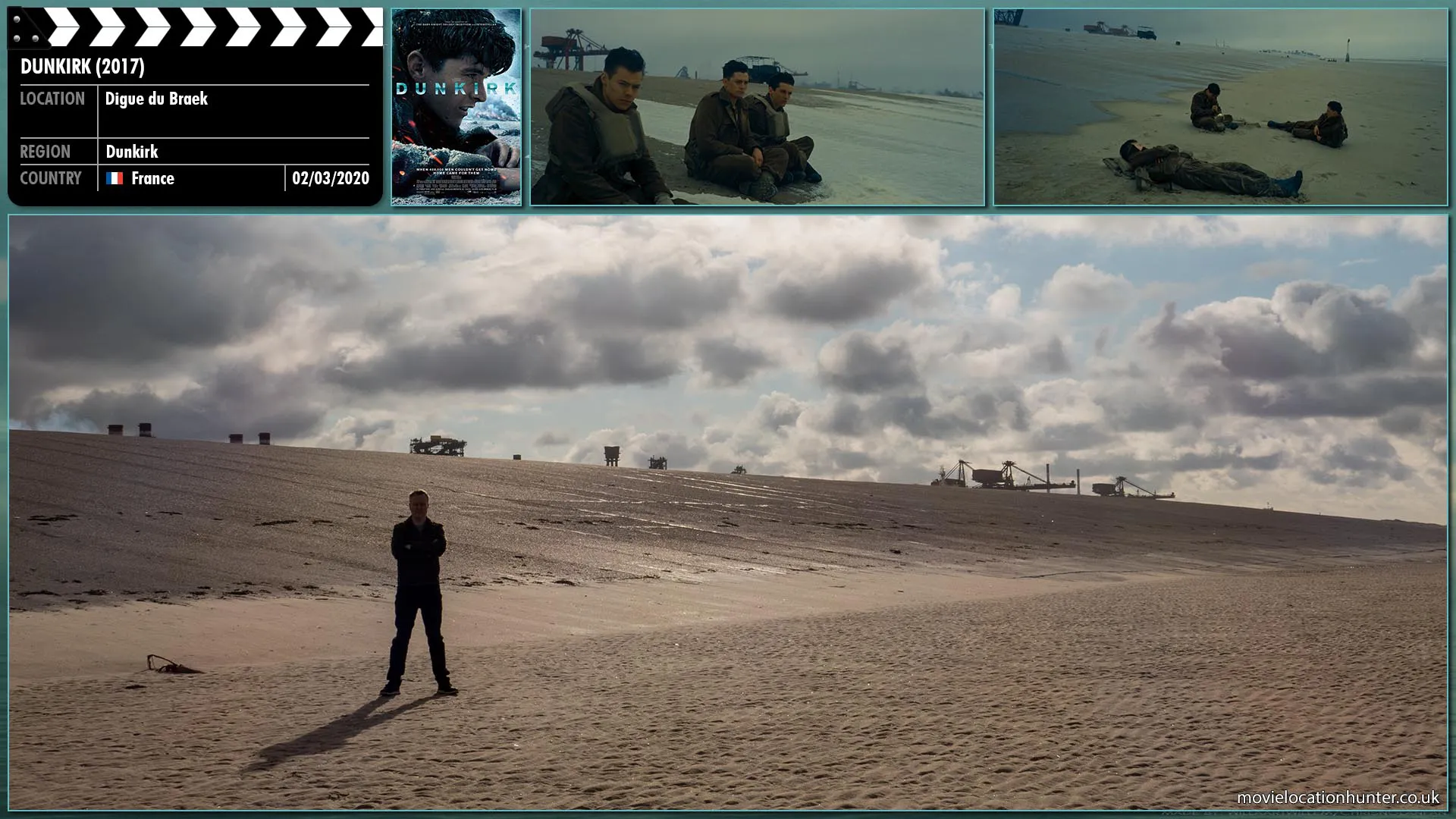 Filming location photo, shot in France, for Dunkirk (2017). Scene description: Tommy (Fionn Whitehead), Gibson (Aneurin Barnard) and Alex (Harry Styles) rest on the beach when they spot Highlanders in loose formation.  They jump to their feet, nod at each other and highlanders down the beach.