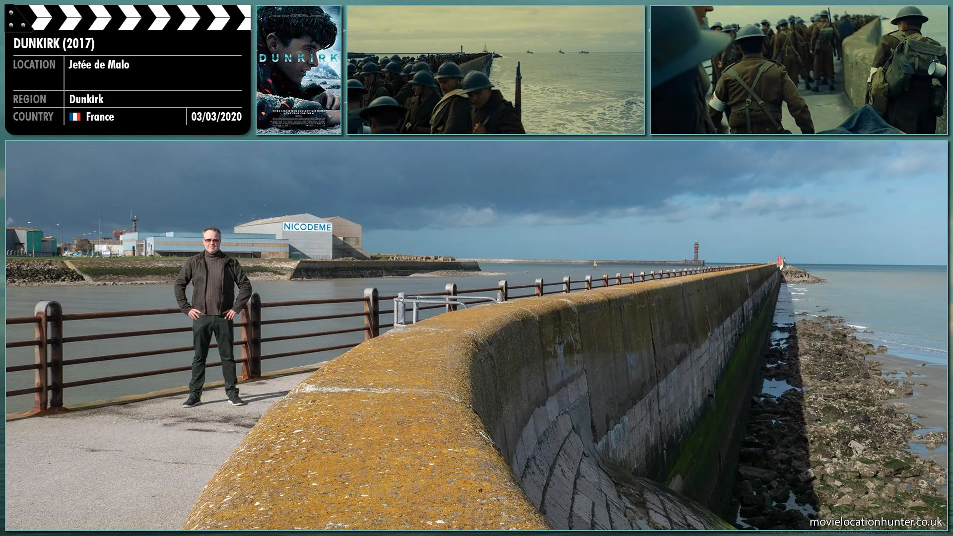 Filming location photo, shot in France, for Dunkirk (2017). Scene description: Tommy (Fionn Whitehead) and Gibson (Aneurin Barnard) hear the groan of a solider lying on a stretcher.  They grab the stretcher and hustle down the beach towards the mole.  They fight through the waiting soldiers before being stopped by a warrant officer who informs them they are two minutes too late.  The officer turns to speak with other soldiers and Tommy pushes forward towards the mole.