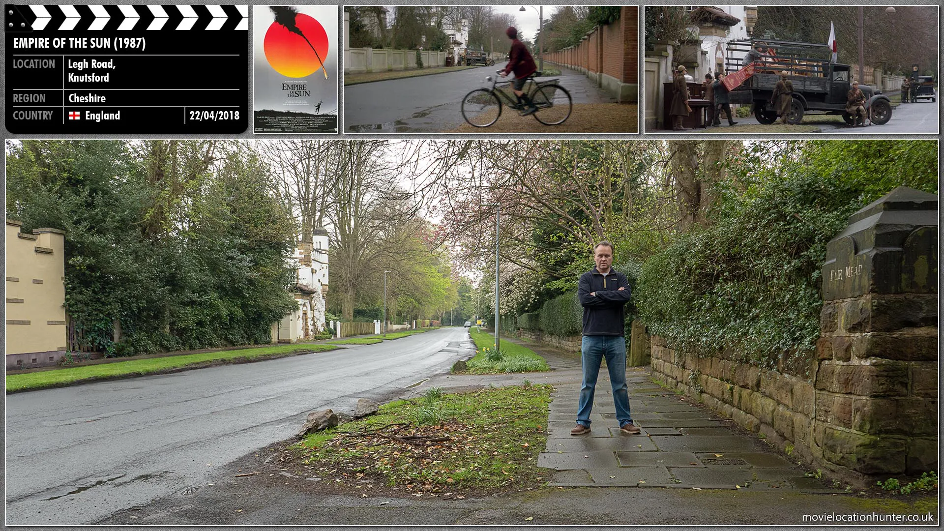 Filming location photo, shot in England, for Empire of the Sun (1987). Scene description: Jim (Christian Bale), his cap on his head, rides his bicycle out of the front door and down the front steps and along the drive through the gate into the street.  He stops and watches Japanese soldiers looting a property on the other side of the street.