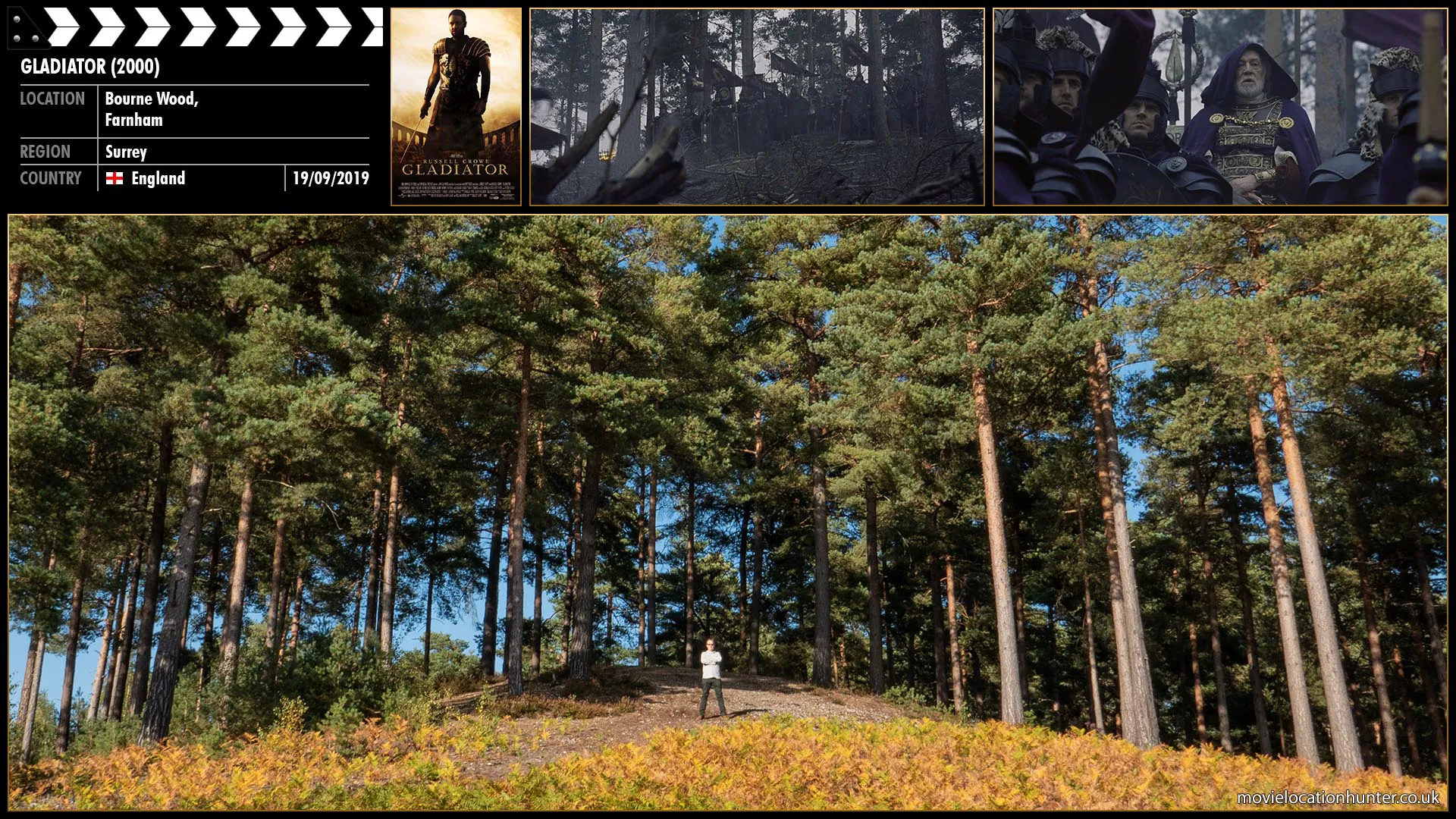 Filming location photo, shot in England, for Gladiator (2000). Scene description: Maximus (Russell Crowe) and his troops attack from the rear flank and slaughter the Germanic tribes as Emperor Marcus Aurelius (Richard Harris) observes his army from the distance.