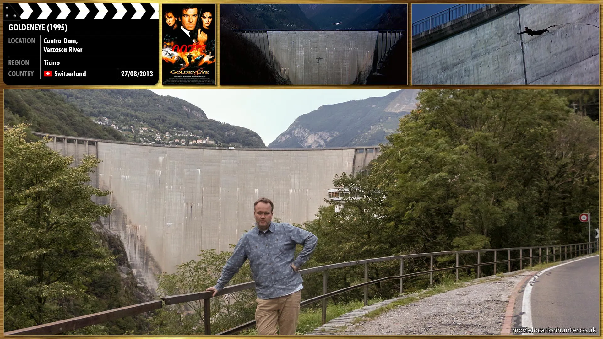 Filming location photo, shot in Switzerland, for GoldenEye (1995). Scene description: Bond (Pierce Brosnan) infiltrates a secret Soviet chemical weapons production facility with the intention of destroying it by bungee jumping from the top of a dam.