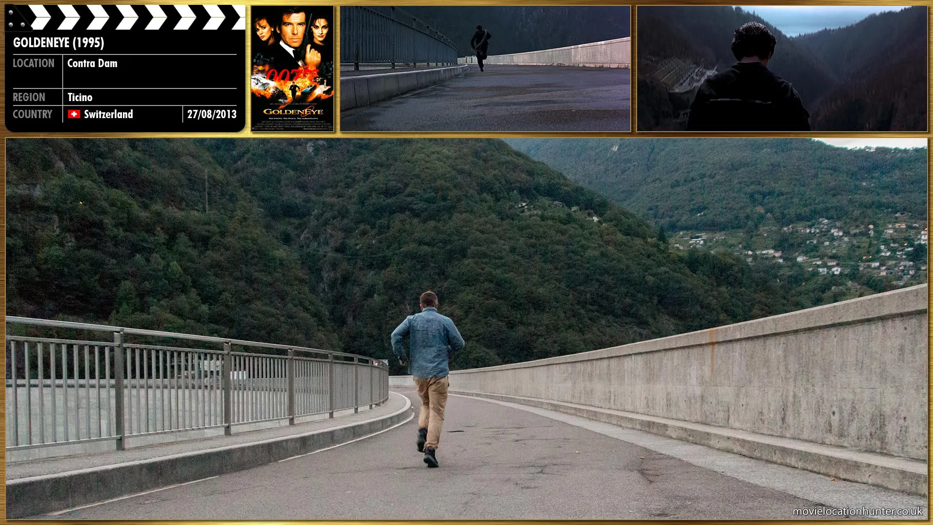 Filming location photo, shot in Switzerland, for GoldenEye (1995). Scene description: An unknown figure, who we later discover is James Bond (Pierce Brosnan), runs with purpose along the top of a dam stopping half way across to secure rope to the barrier and himself before leaping off.