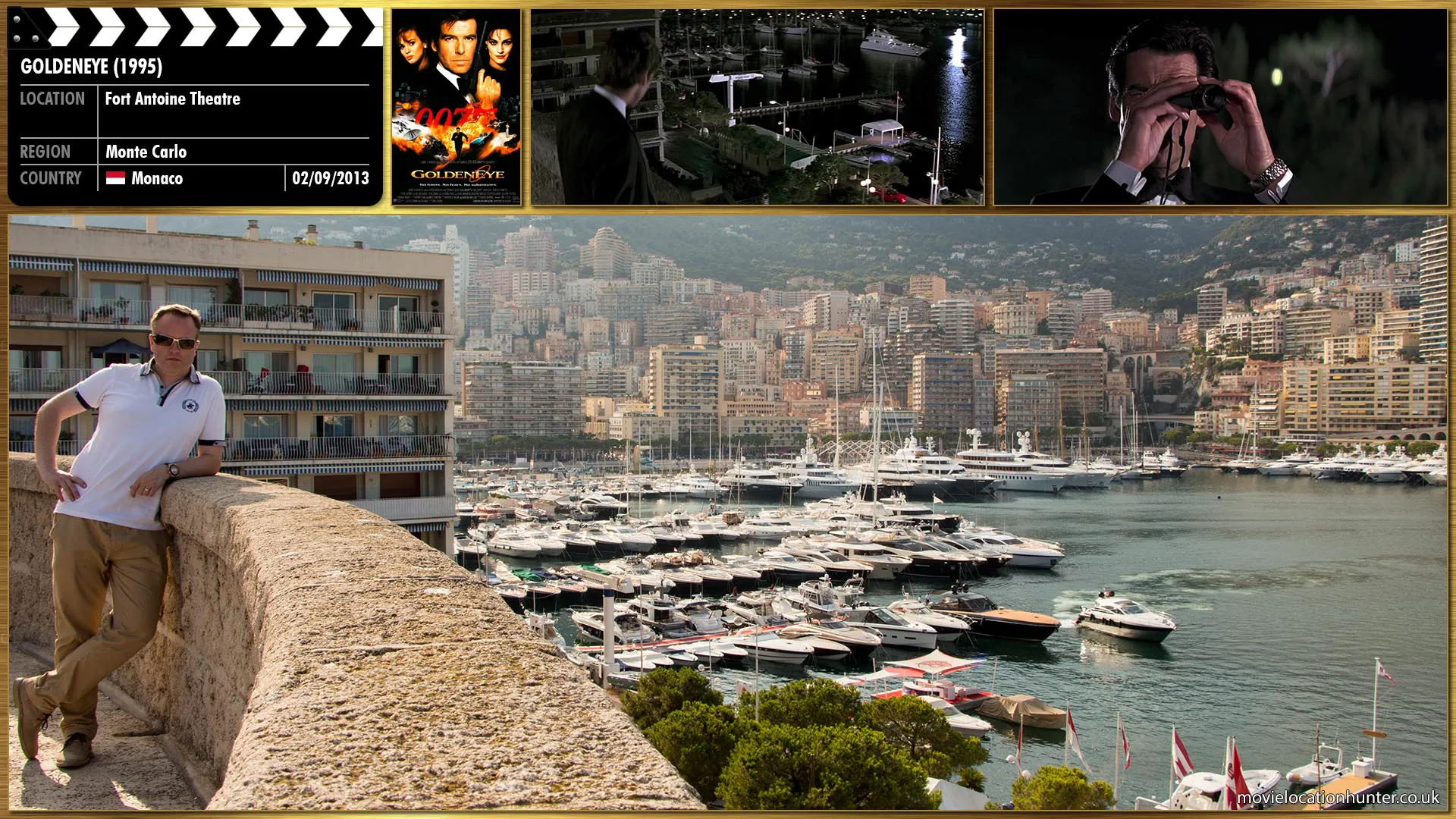Filming location photo, shot in Monaco, for GoldenEye (1995). Scene description: Bond (Pierce Brosnan) watches Xenia Onatopp (Famke Janssen) meet with the Canadian Air Force captain as they head towards his private yacht.  In the middle of having sex with him, she kills him by crushing his chest between her thighs, while an accomplice steals the admiral's ID.
