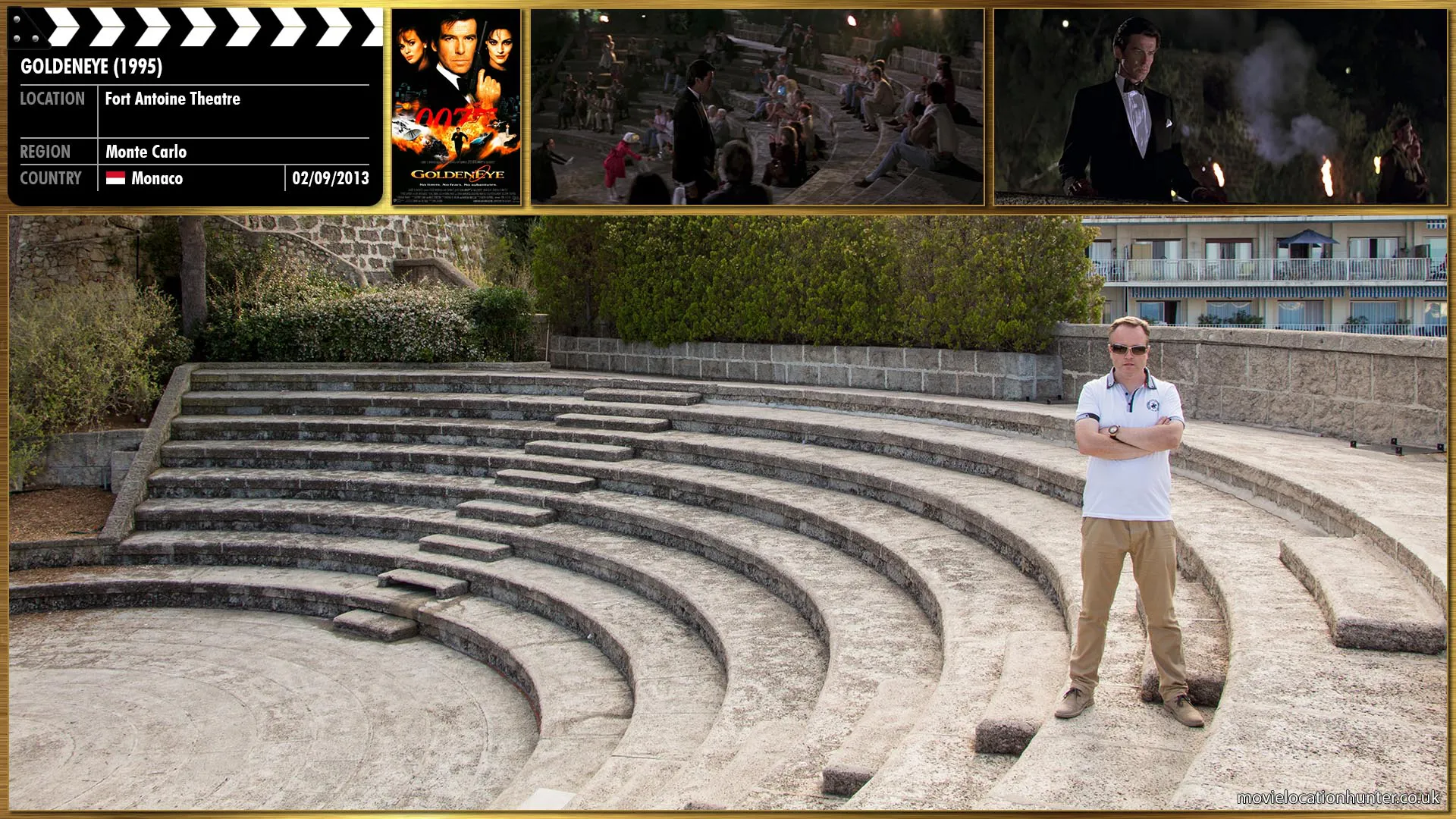Filming location photo, shot in Monaco, for GoldenEye (1995). Scene description: Bond (Pierce Brosnan) leaves the casino walks to the highest point of an open-air theatre for a view overlooking the bay.