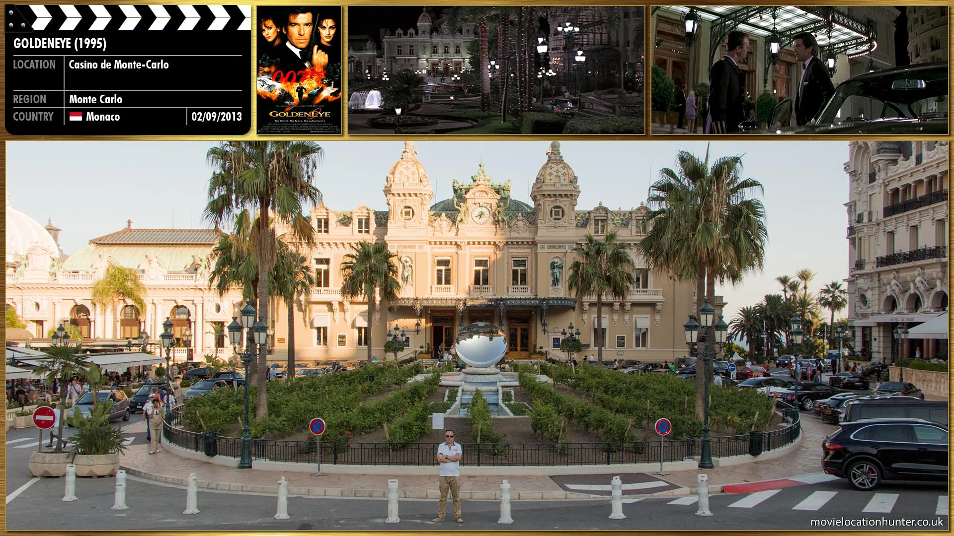 Filming location photo, shot in Monaco, for GoldenEye (1995). Scene description: Bond (Pierce Brosnan) arrives at the Monte Carlo casino where he meets and flirts with Xenia Onatopp (Famke Janssen), a member of the Janus crime syndicate, who has formed a suspicious relationship with a Canadian Navy admiral.