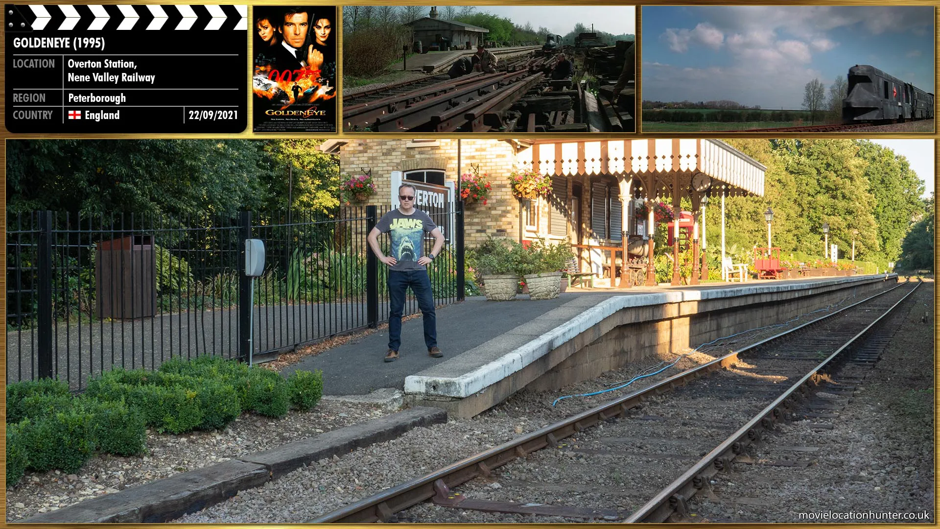 Filming location photo, shot in England, for GoldenEye (1995). Scene description: A black armored train, red star on the side, races through an empty station.