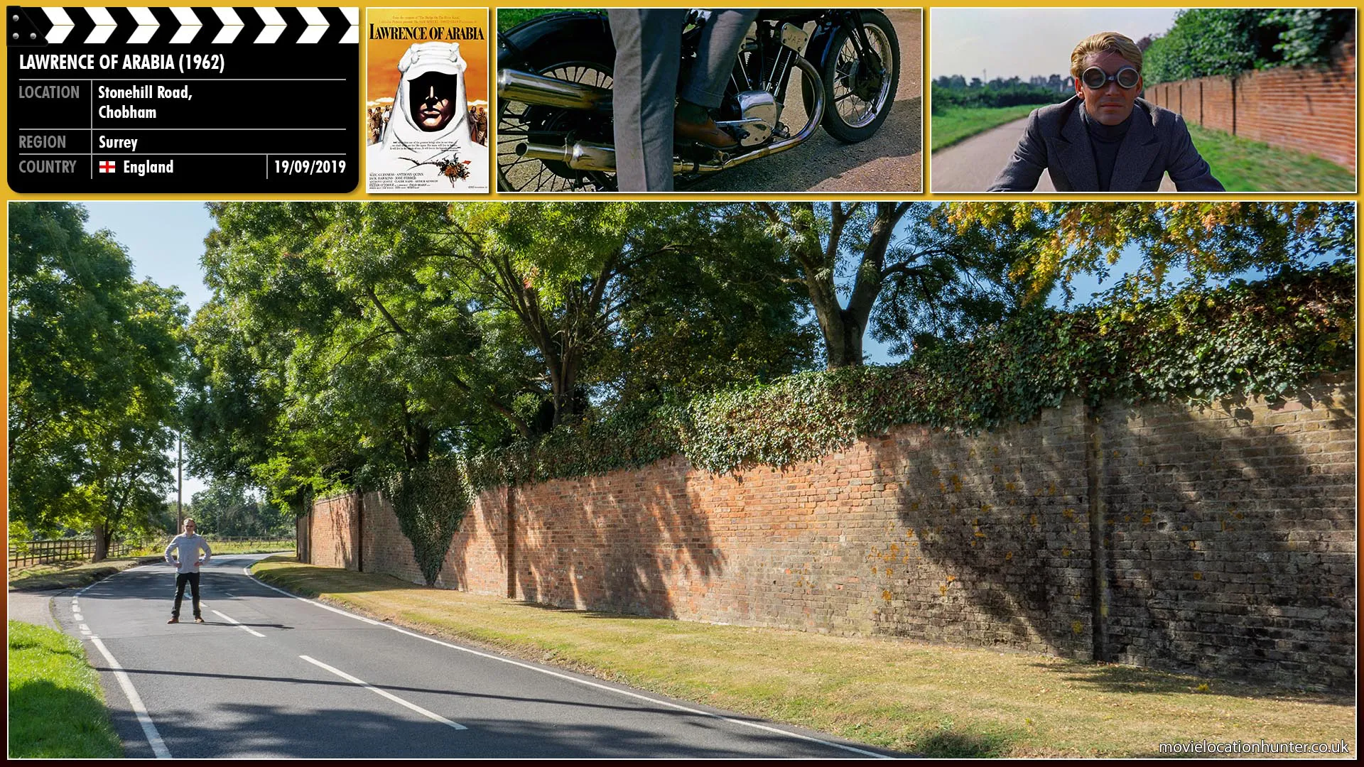 Filming location photo, shot in England, for Lawrence of Arabia (1962). Scene description: Lawrence (Peter O'Toole) rides his motorbike at speed through the narrow roads near his home.
