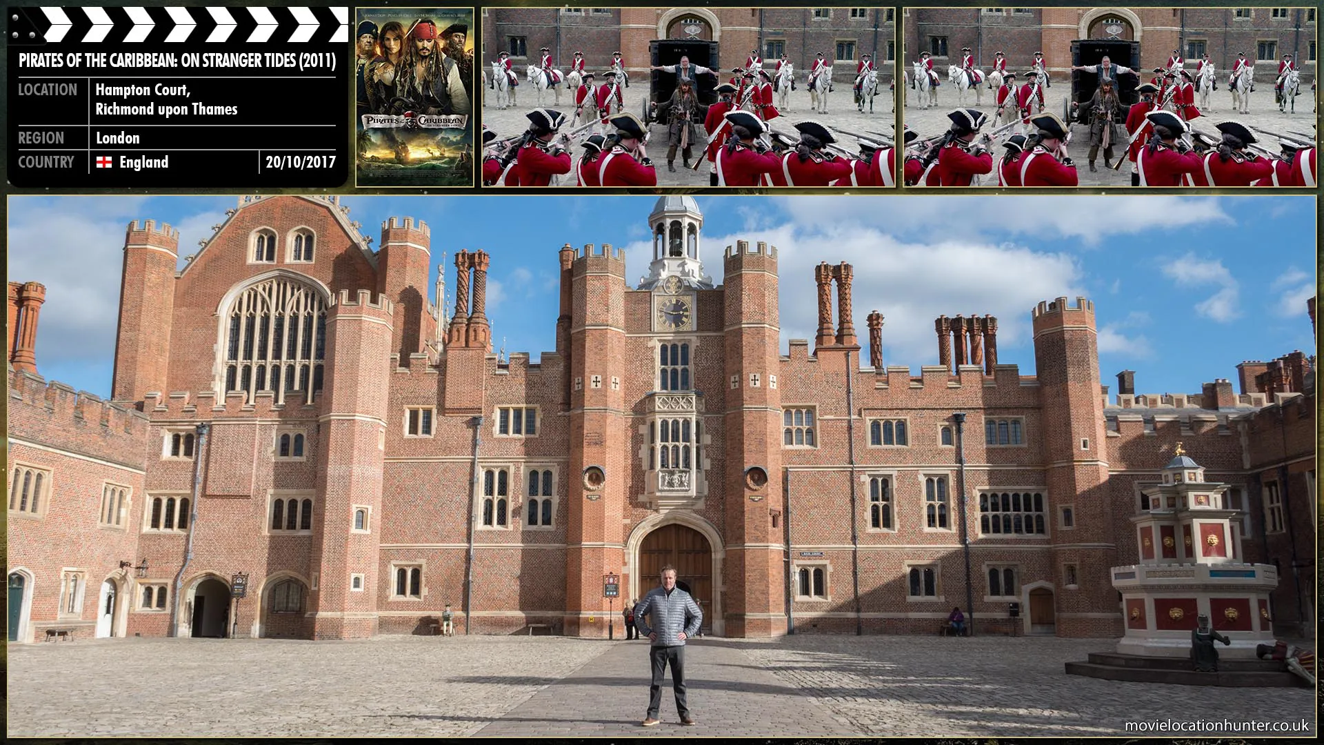 Filming location photo, shot in England, for Pirates of the Caribbean: On Stranger Tides (2011). Scene description: Gibbs (Kevin McNally) believes they are off to prison before Jack (Johnny Depp) smugly reassures him that he has paid off the driver.  Jack frowns as the unexpectedly carriage stops.  The doors fly open.  He steps out and comes face-to-face with the King’s Royal Guards in the palace courtyard.