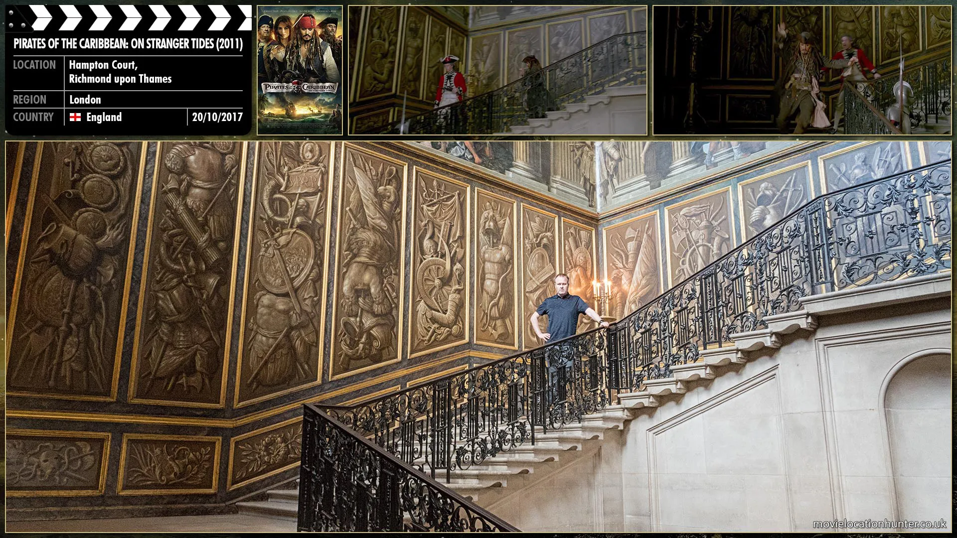 Filming location photo, shot in England, for Pirates of the Caribbean: On Stranger Tides (2011). Scene description: Jack (Johnny Depp) races down the stairs, knocking the hat off the head of slow-moving guard as he passes him.  The startled guard chases after him.