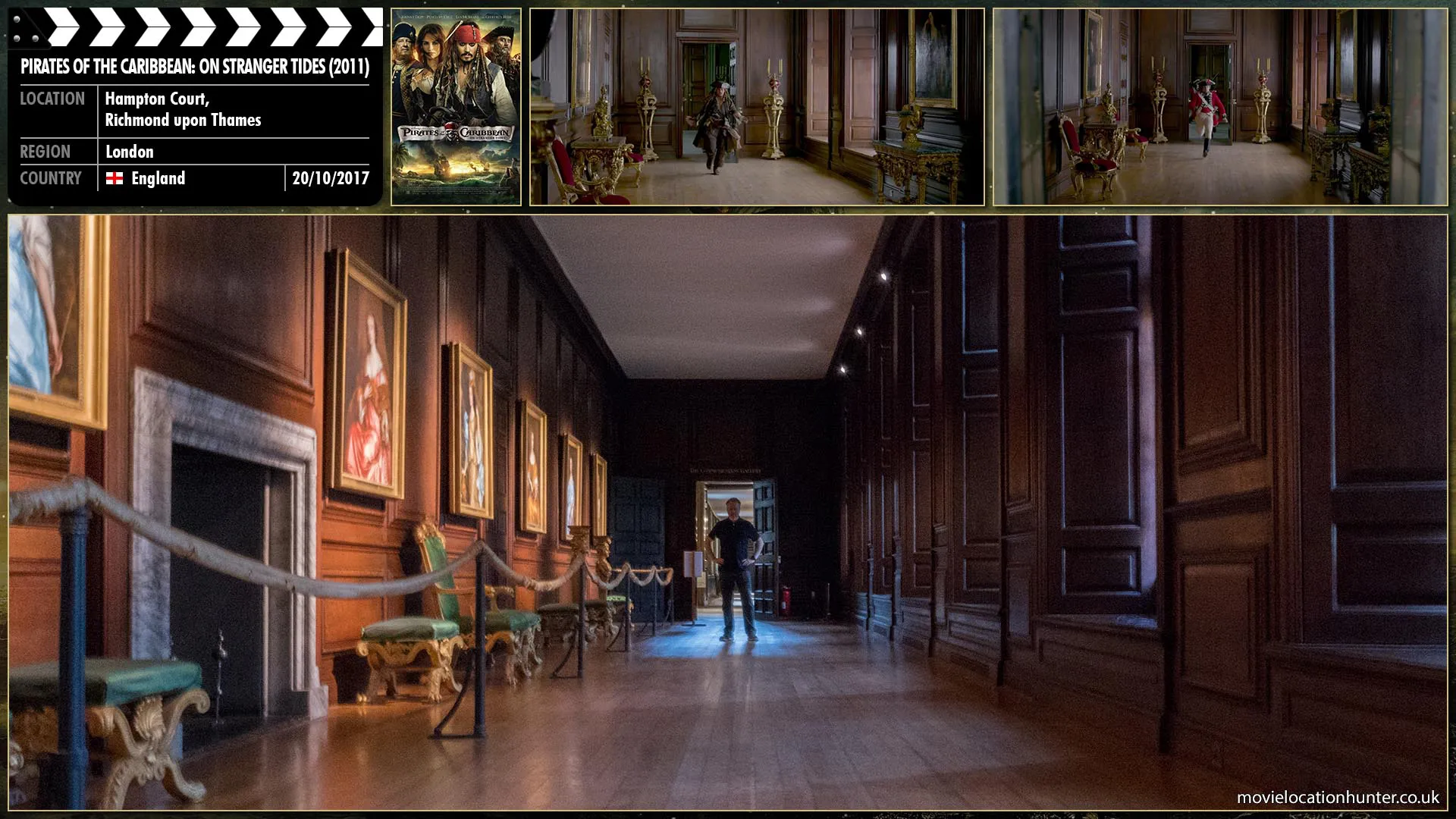 Filming location photo, shot in England, for Pirates of the Caribbean: On Stranger Tides (2011). Scene description: Jack (Johnny Depp) runs through the palace corridors.