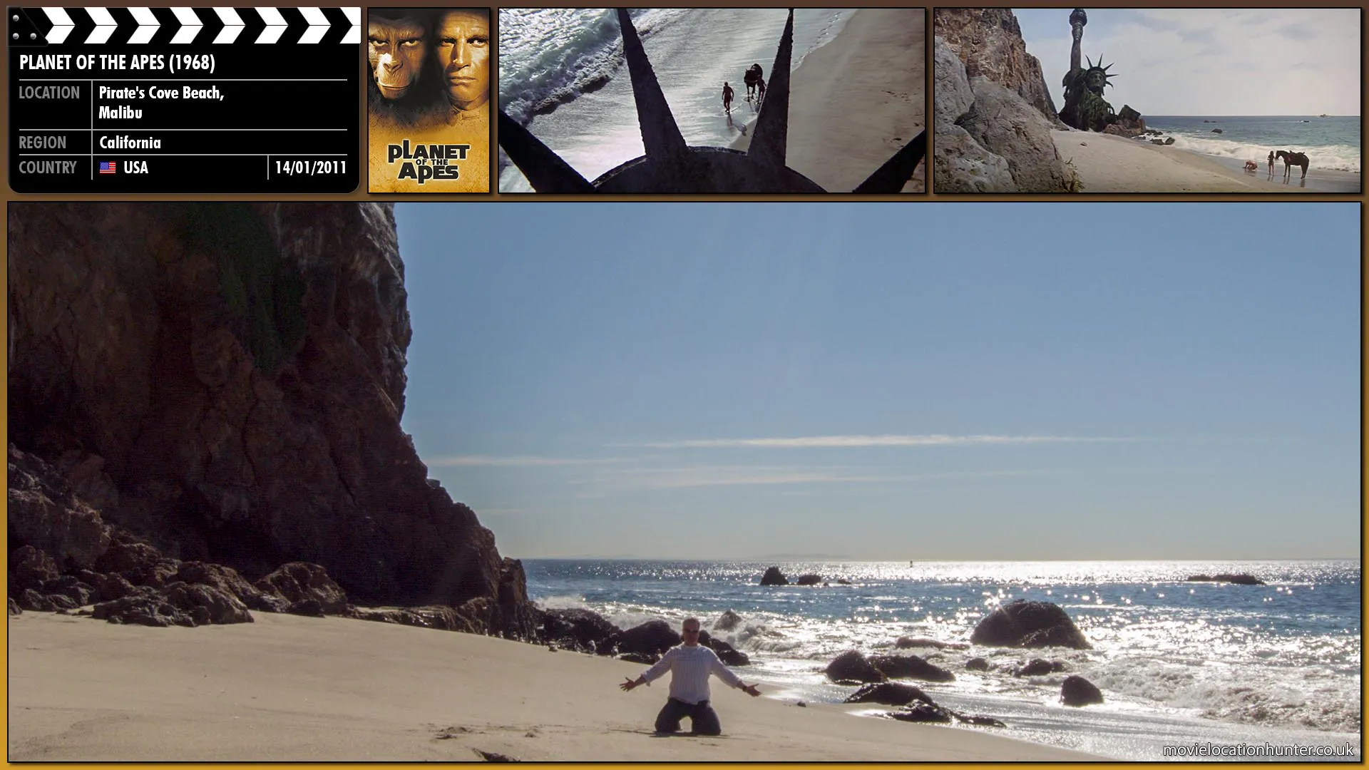 Filming location photo, shot in USA, for Planet of the Apes (1968). Scene description: Taylor (Charlton Heston) and Nova (Linda Harrison), at last free, follow the shoreline and discover the beach-covered remains of the Statue of Liberty, revealing that this 