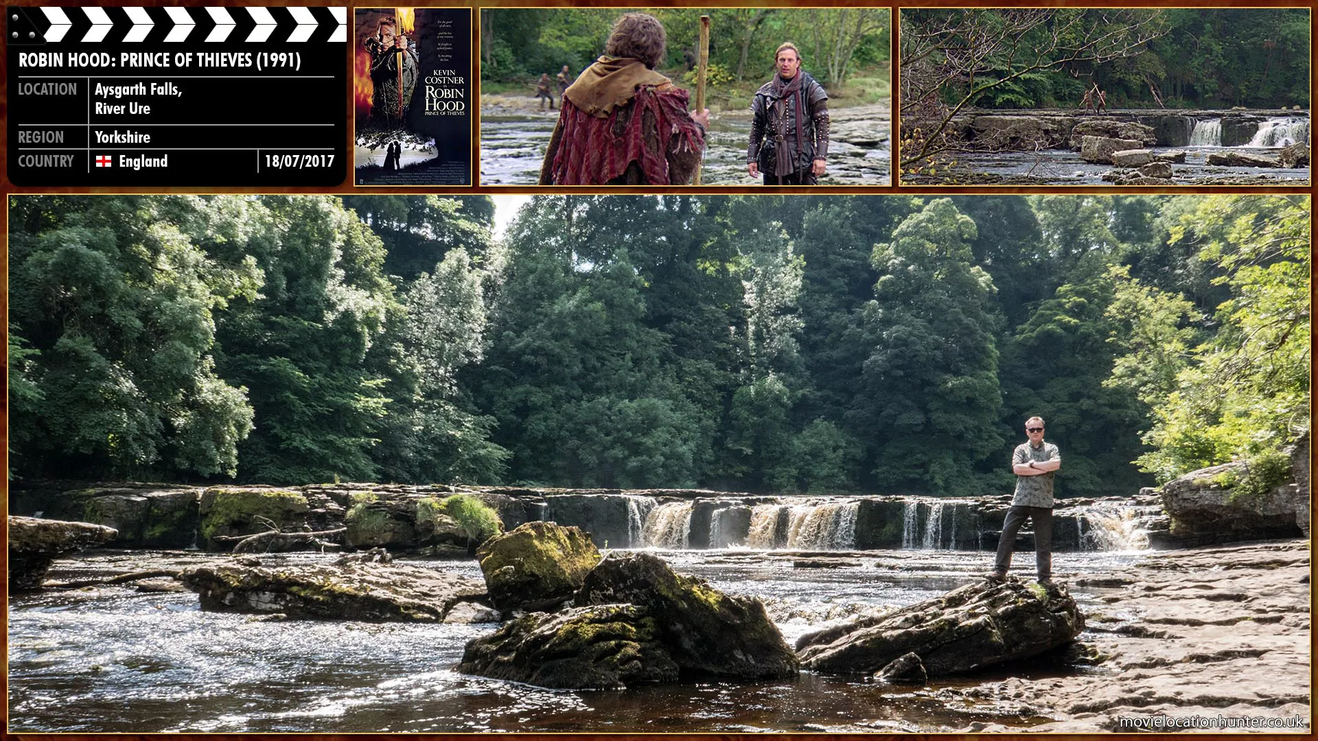 Filming location photo, shot in England, for Robin Hood: Prince of Thieves (1991). Scene description: Robin (Kevin Costner) wins a short stave battle in a river wins against the much larger and stronger John (Nick Brimble), whom Robin gives the semi-mocking title of 