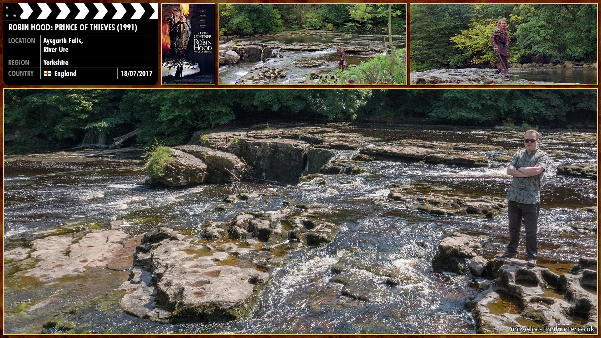 Filming location photo, shot in England, for Robin Hood: Prince of Thieves (1991). Scene description: Robin (Kevin Costner) and Azeem (Morgan Freeman) ride to Sherwood Forest but are halted in their tracks by a wide river. There they meet a band of outlaws hiding from Nottingham's oppressive rule.