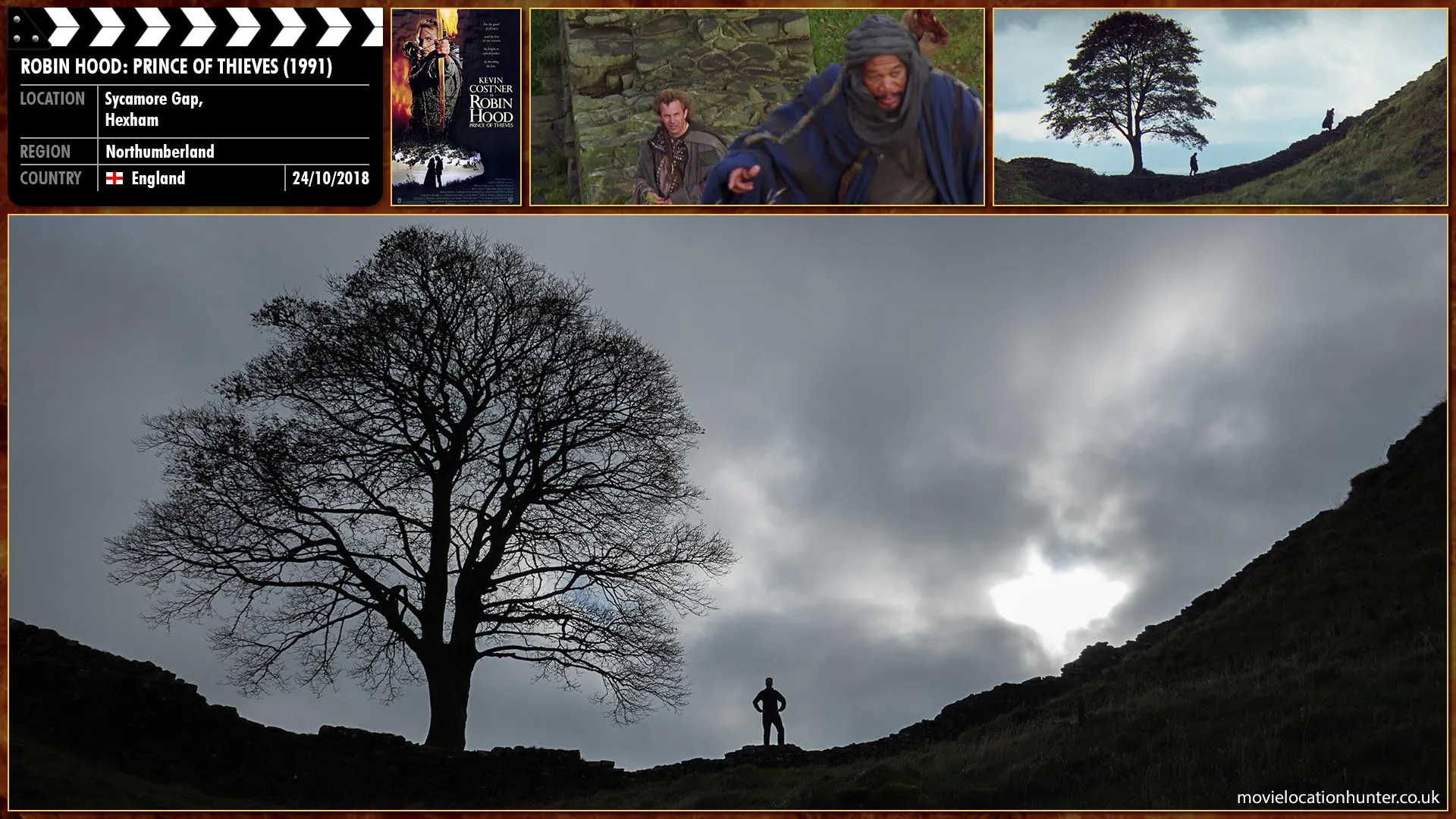 Filming location photo, shot in England, for Robin Hood: Prince of Thieves (1991). Scene description: Robin of Locksley (Kevin Costner), returns to England with Azeem (Morgan Freeman), who vows to accompany Robin until the debt of saving his life is repaid.