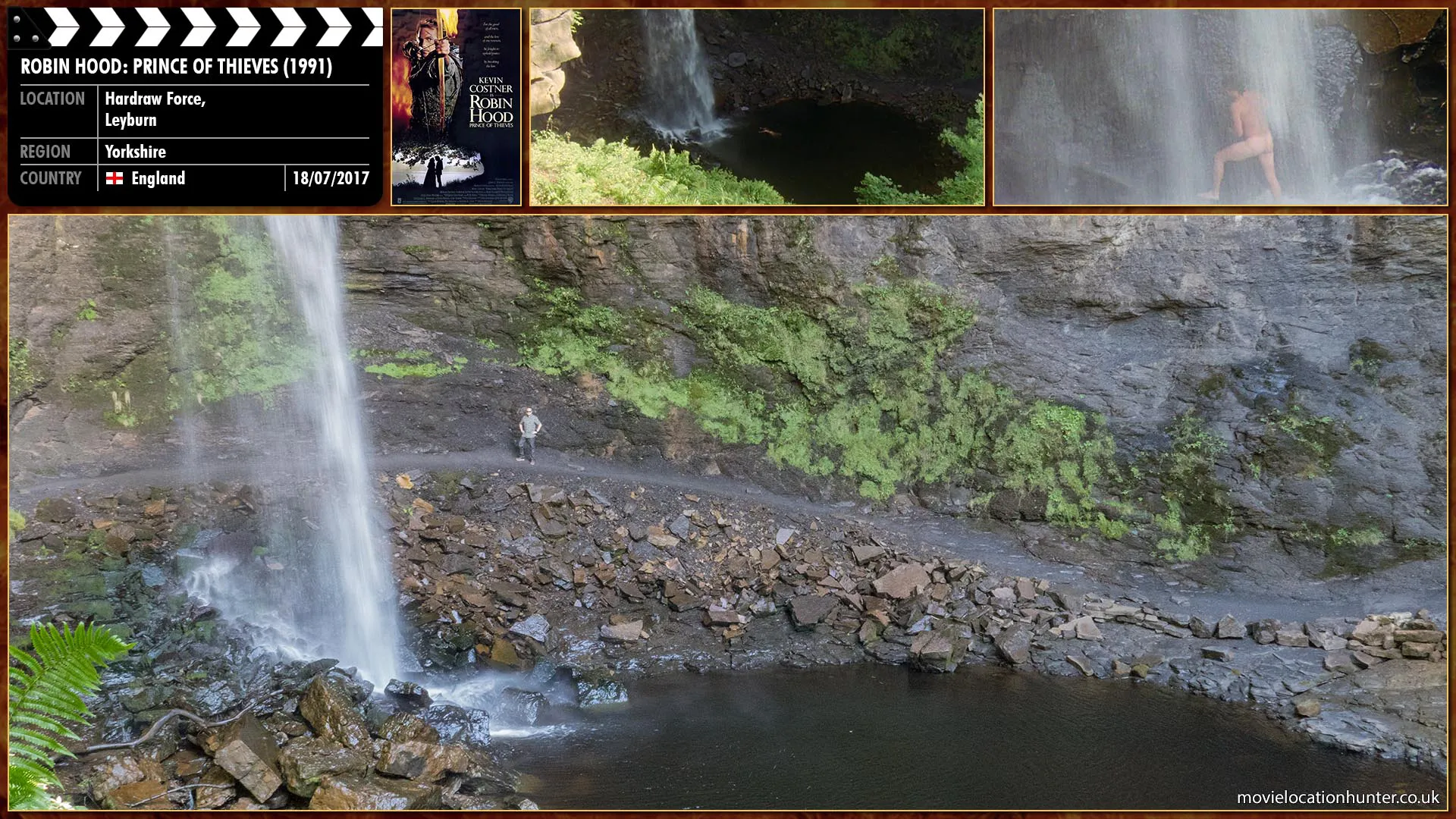 Filming location photo, shot in England, for Robin Hood: Prince of Thieves (1991). Scene description: Robin (Kevin Costner) dives into the water, sparkling with sunlight, and luxuriates in the cool water.