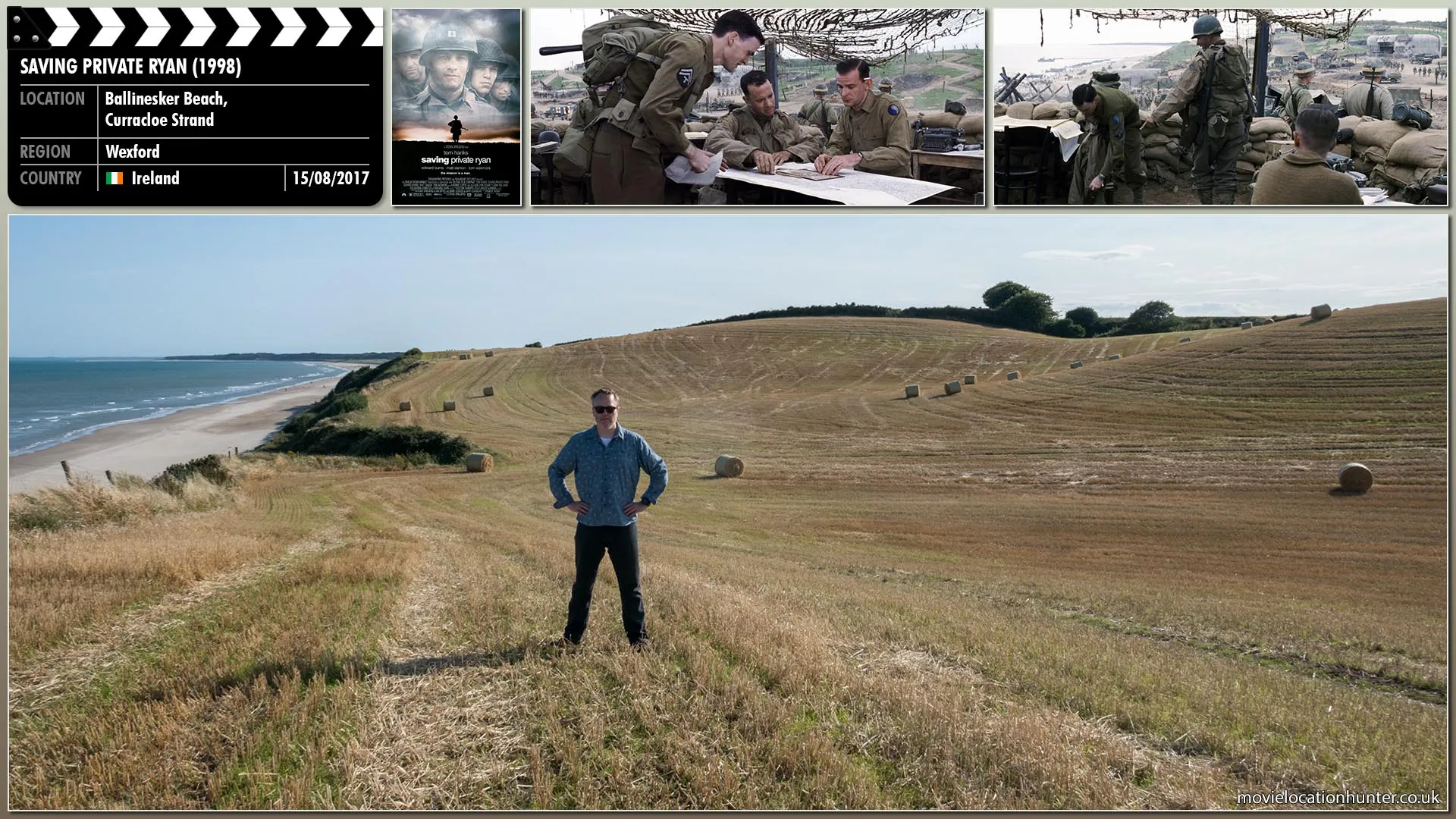 Filming location photo, shot in Ireland, for Saving Private Ryan (1998). Scene description: Three days after D-Day, Miller (Tom Hanks) meets with his commanding officer and reports on a mission that cost the lives of many of his men. Lieutenant Colonel Anderson (Dennis Farina) gives him new orders; Miller is tasked with taking a squad into Normandy to find Pvt. James Francis Ryan and bring him back. Miller gathers what men he can and finds Corporal Timothy E. Upham (Jeremy Davies) in the camp press box to accompany the squad as a translator - Upham speaks fluent French and German, to replace his previous interpreter.