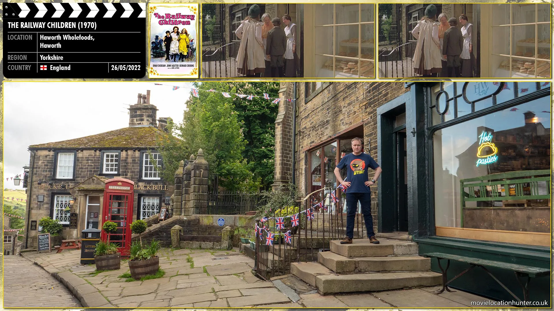 Filming location photo, shot in England, for The Railway Children (1970). Scene description: As a fighter jet flies overhead, Jim (Cillian Murphy), Selena (Naomie Harris), and Hannah (Megan Burns) unfurl a huge cloth banner spelling the word 