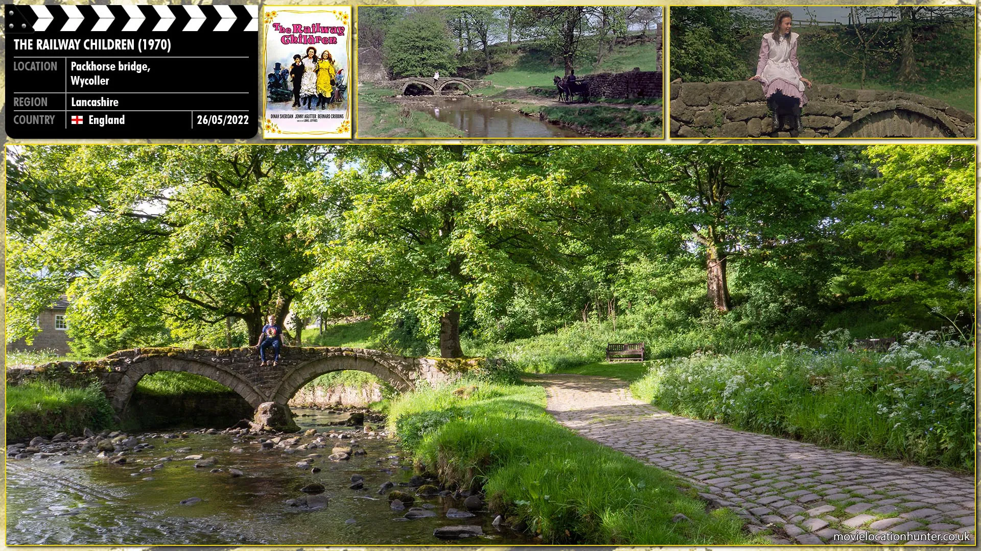 Filming location photo, shot in England, for The Railway Children (1970). Scene description: As a fighter jet flies overhead, Jim (Cillian Murphy), Selena (Naomie Harris), and Hannah (Megan Burns) unfurl a huge cloth banner spelling the word 