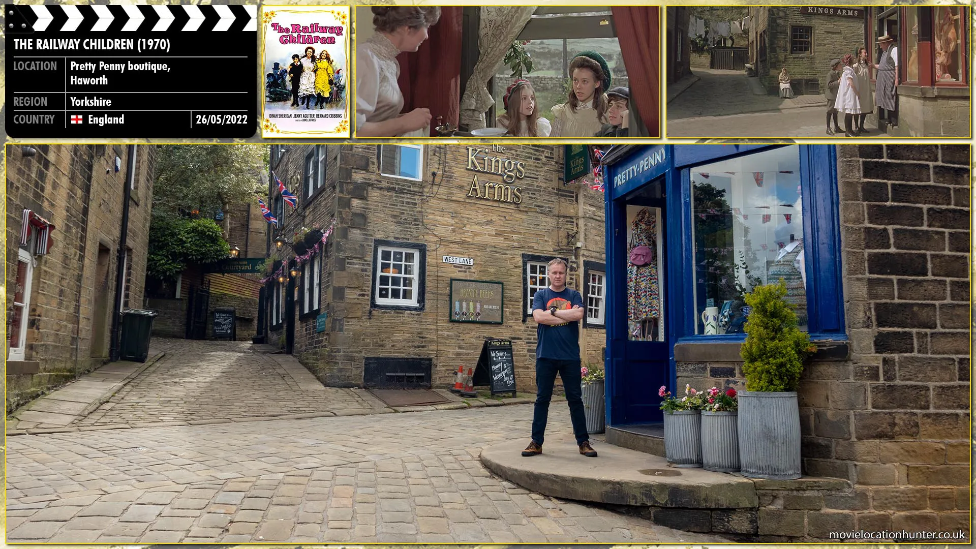 Filming location photo, shot in England, for The Railway Children (1970). Scene description: As a fighter jet flies overhead, Jim (Cillian Murphy), Selena (Naomie Harris), and Hannah (Megan Burns) unfurl a huge cloth banner spelling the word 