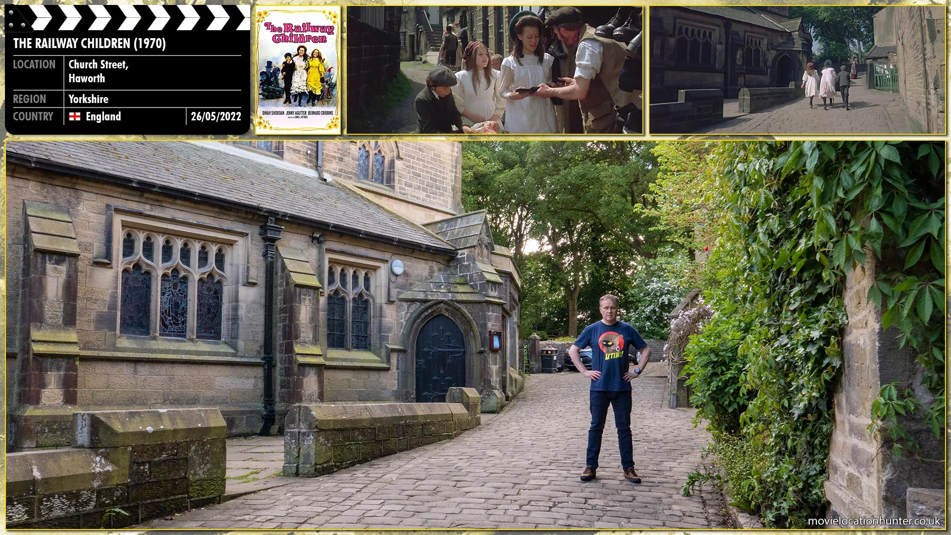 Filming location photo, shot in England, for The Railway Children (1970). Scene description: As a fighter jet flies overhead, Jim (Cillian Murphy), Selena (Naomie Harris), and Hannah (Megan Burns) unfurl a huge cloth banner spelling the word 