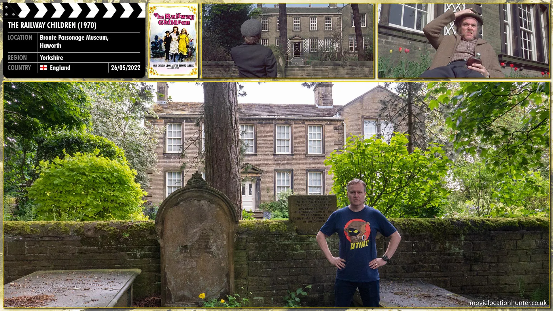 Filming location photo, shot in England, for The Railway Children (1970). Scene description: As a fighter jet flies overhead, Jim (Cillian Murphy), Selena (Naomie Harris), and Hannah (Megan Burns) unfurl a huge cloth banner spelling the word 