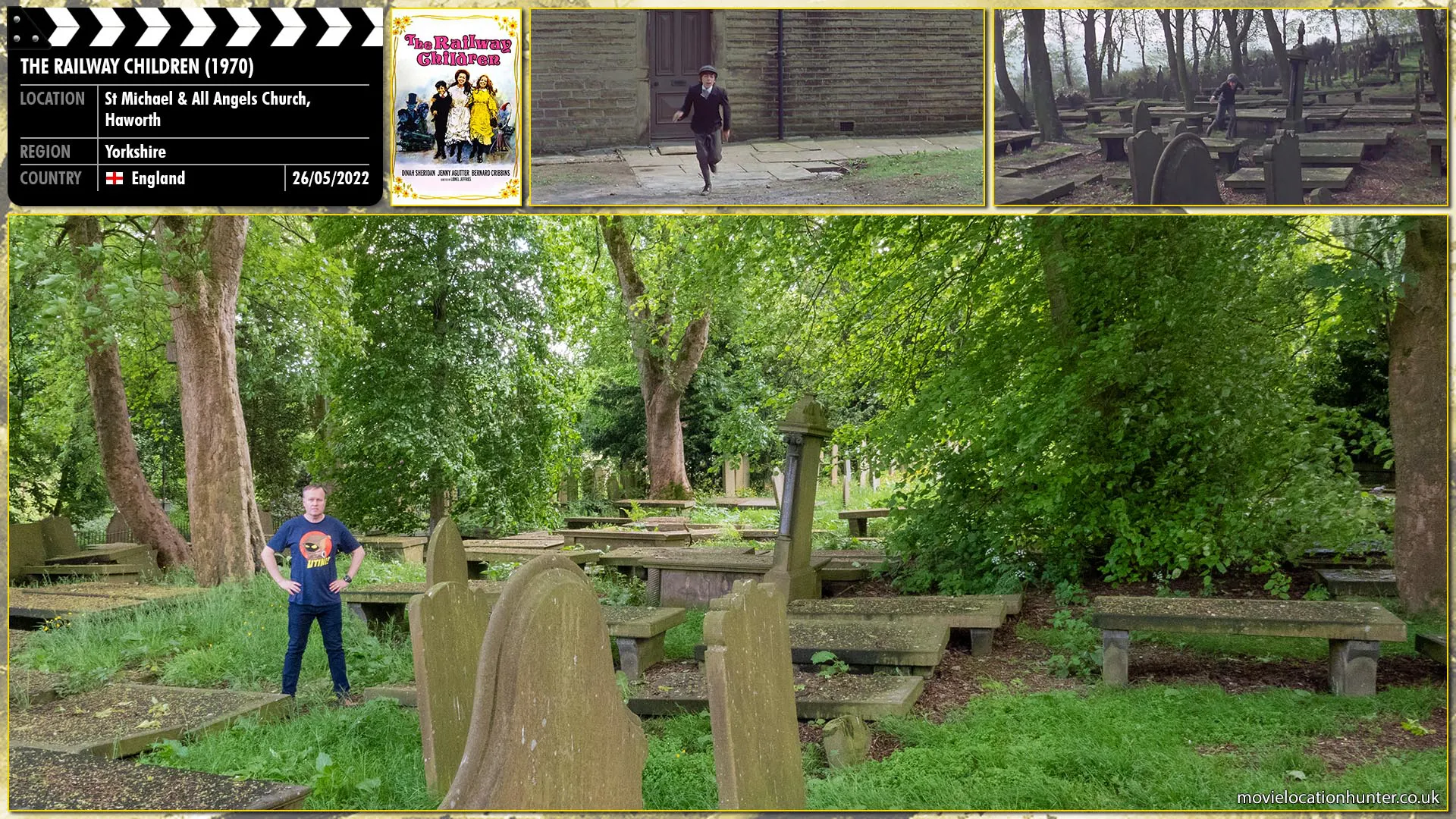 Filming location photo, shot in England, for The Railway Children (1970). Scene description: As a fighter jet flies overhead, Jim (Cillian Murphy), Selena (Naomie Harris), and Hannah (Megan Burns) unfurl a huge cloth banner spelling the word 