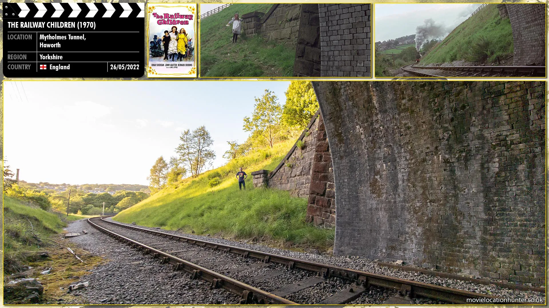 Filming location photo, shot in England, for The Railway Children (1970). Scene description: As a fighter jet flies overhead, Jim (Cillian Murphy), Selena (Naomie Harris), and Hannah (Megan Burns) unfurl a huge cloth banner spelling the word 