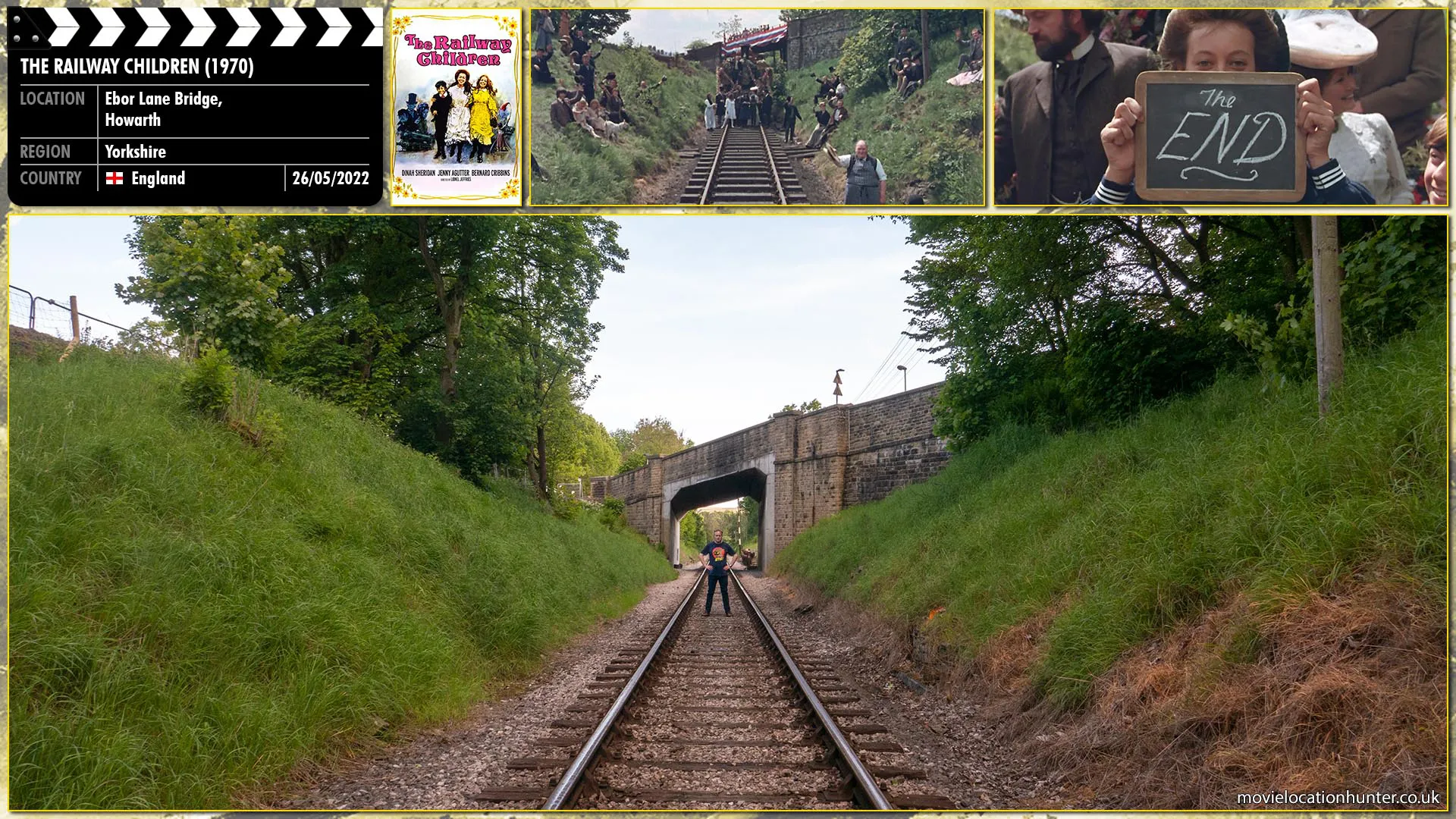 Filming location photo, shot in England, for The Railway Children (1970). Scene description: As a fighter jet flies overhead, Jim (Cillian Murphy), Selena (Naomie Harris), and Hannah (Megan Burns) unfurl a huge cloth banner spelling the word 