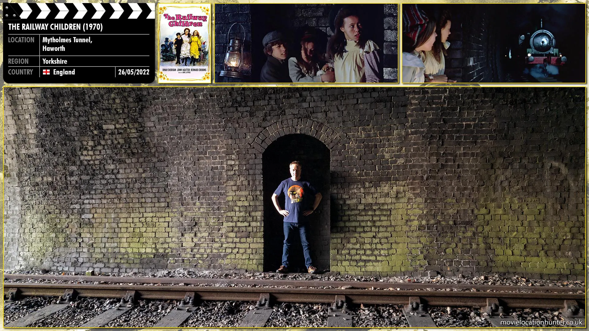 Filming location photo, shot in England, for The Railway Children (1970). Scene description: As a fighter jet flies overhead, Jim (Cillian Murphy), Selena (Naomie Harris), and Hannah (Megan Burns) unfurl a huge cloth banner spelling the word 