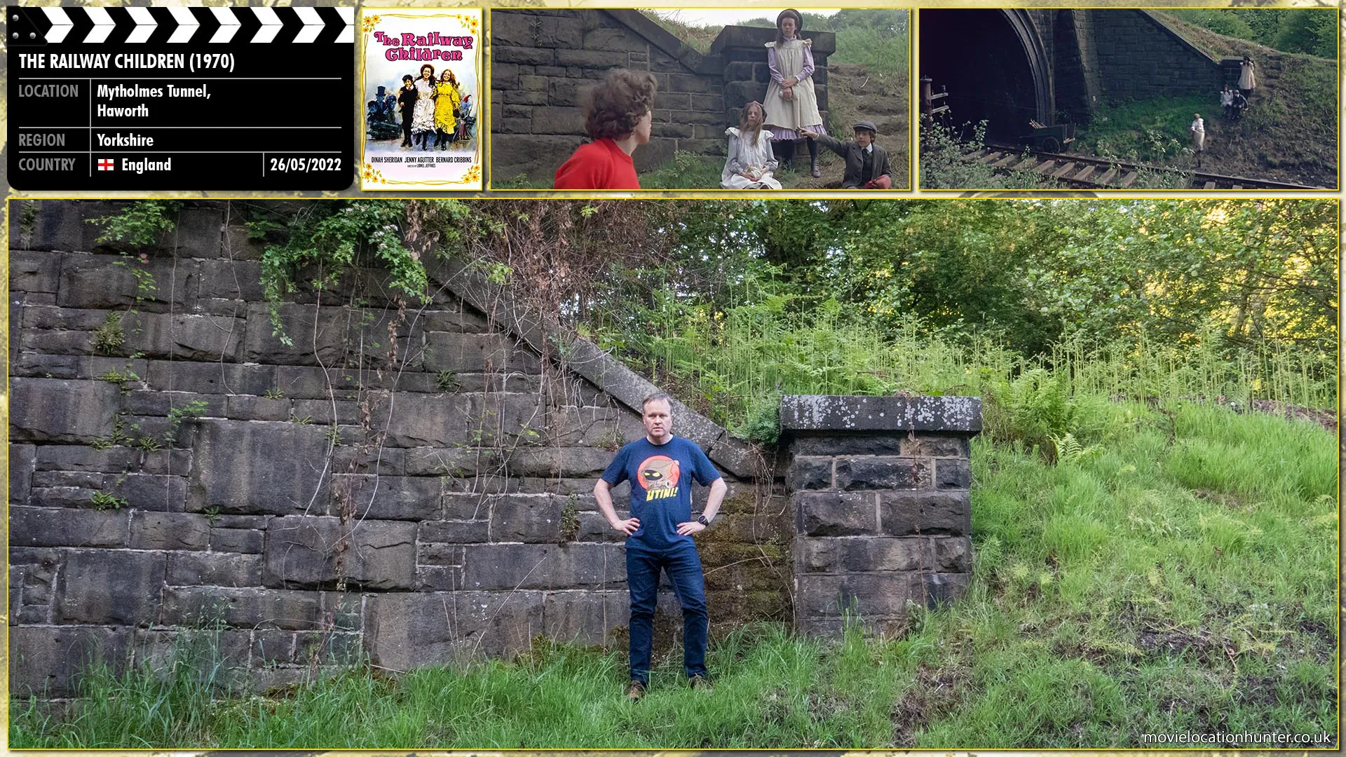 Filming location photo, shot in England, for The Railway Children (1970). Scene description: As a fighter jet flies overhead, Jim (Cillian Murphy), Selena (Naomie Harris), and Hannah (Megan Burns) unfurl a huge cloth banner spelling the word 
