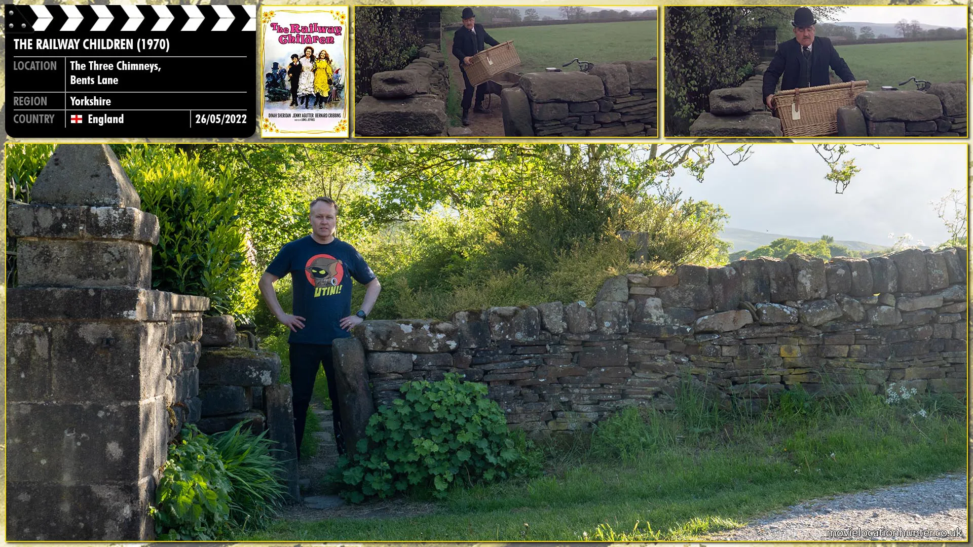 Filming location photo, shot in England, for The Railway Children (1970). Scene description: As a fighter jet flies overhead, Jim (Cillian Murphy), Selena (Naomie Harris), and Hannah (Megan Burns) unfurl a huge cloth banner spelling the word 