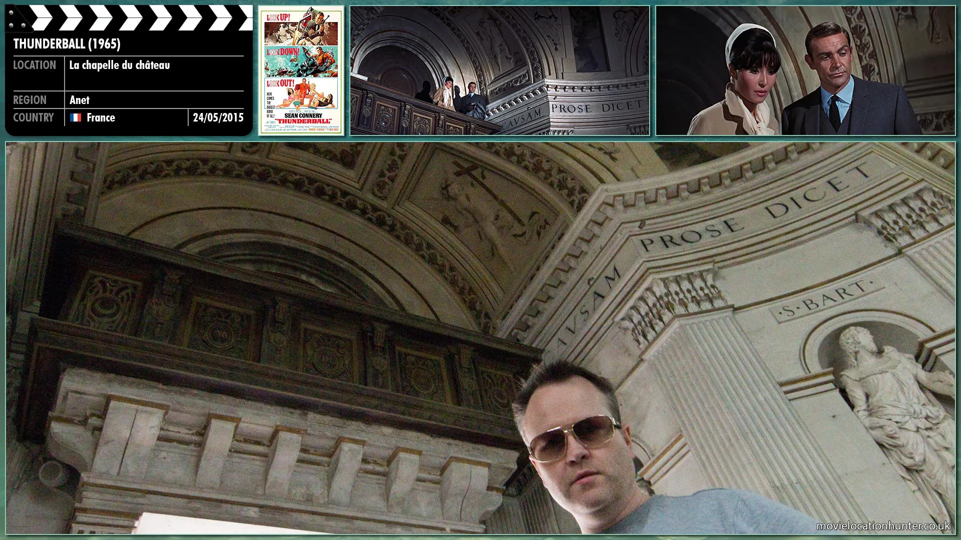 Filming location photo, shot in France, for Thunderball (1965). Scene description: Attending the funeral of Colonel Jacques Bouvar (Bob Simmons), a SPECTRE operative (Number 6), Bond (Sean Connery) realises Bouvar is alive and disguised as his own widow .  After the funeral Bond follows him back to a château.