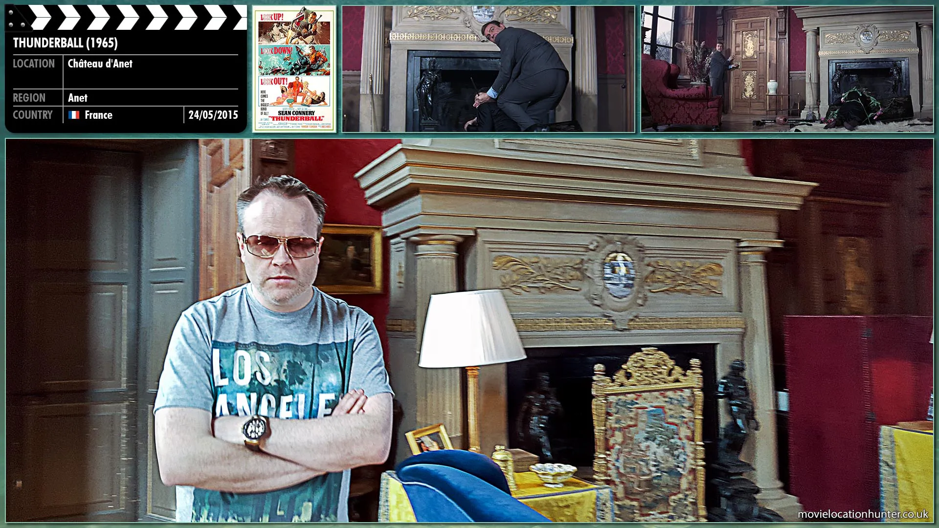 Filming location photo, shot in France, for Thunderball (1965). Scene description: Attending the funeral of Colonel Jacques Bouvar, Bond (Sean Connery) indenties that Bouvar is actually alive, a SPECTRE operative and disguised as a woman.  Bond waits for him to return to the Château where they engage in a fight where Bond eventually kills him placing flowers from a nearby vase ontop of his body.