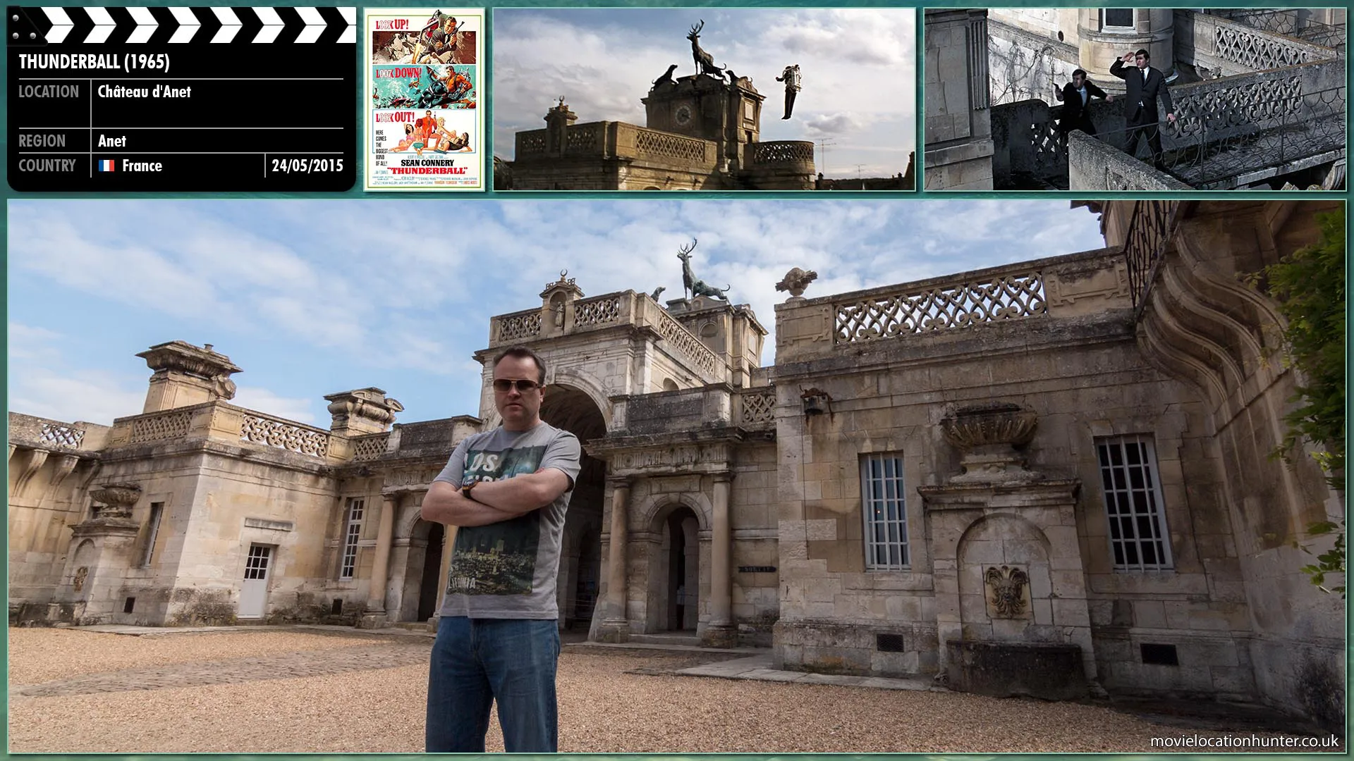 Filming location photo, shot in France, for Thunderball (1965). Scene description: Bond (Sean Connery) runs from the Château to a jetpack which he then uses to escape whilst two henchman shoot at him flying off.