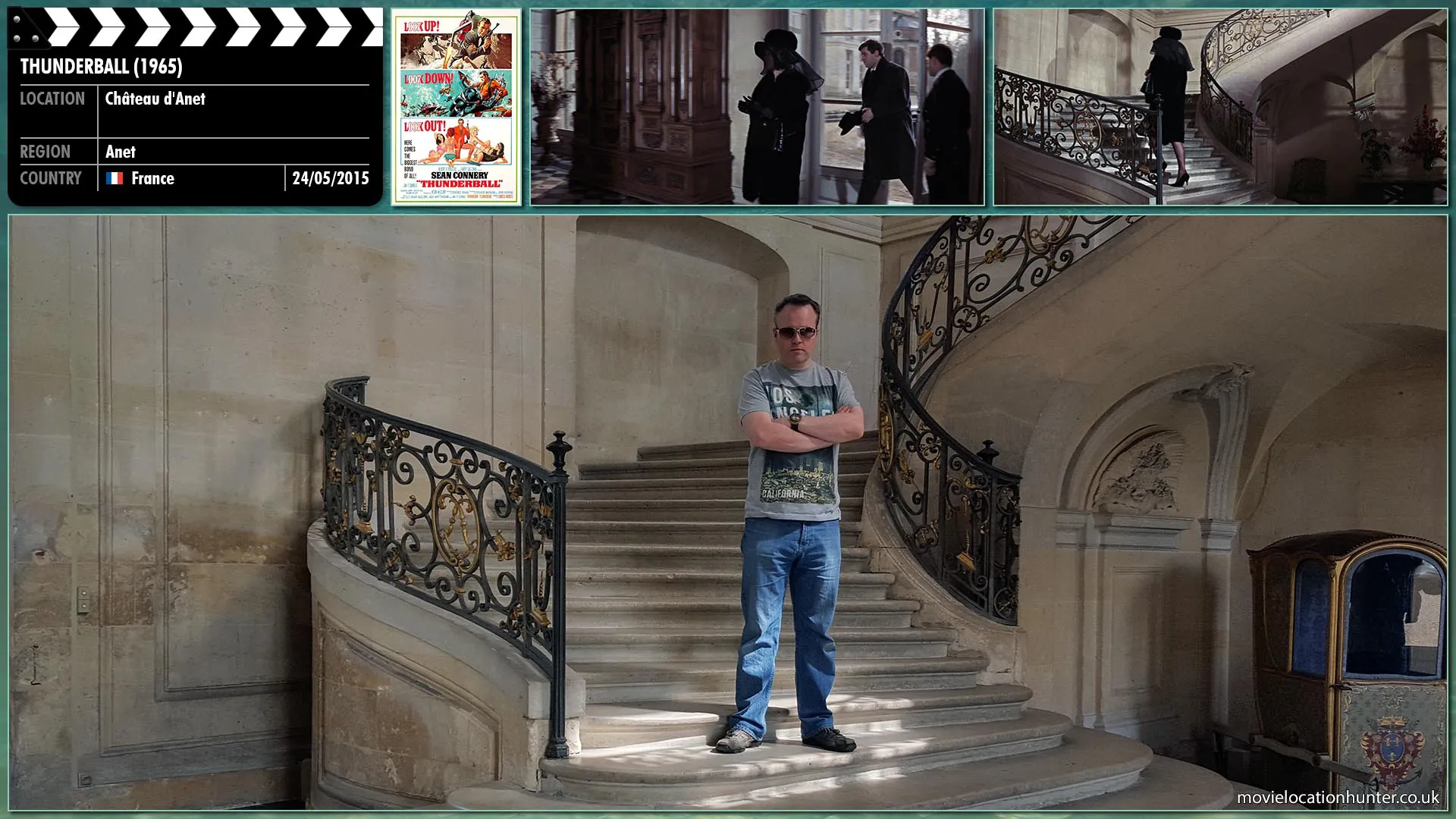 Filming location photo, shot in France, for Thunderball (1965). Scene description: SPECTRE operative Number 6 (Bob Simmons), disguised as a woman, returns to the Château after the funeral of Colonel Jacques Bouvar.